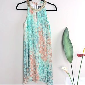 VINCE CAMUTO Blue Peach Jewel Neck Trapeze Dress